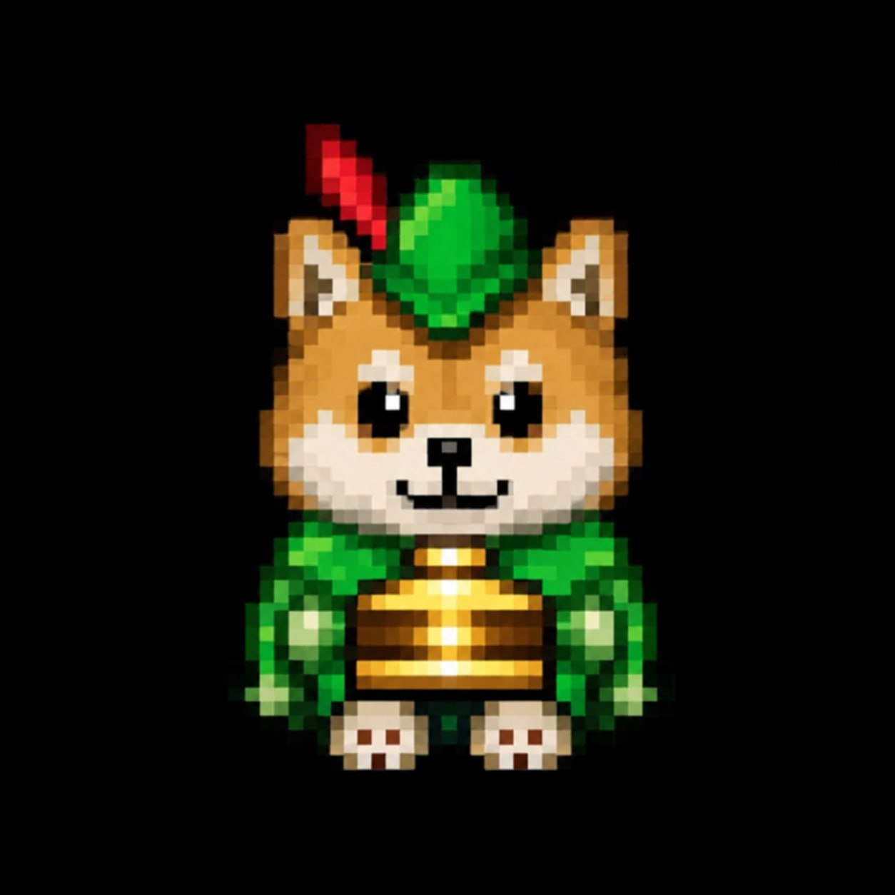 Pixel-art ROBINDOG character in a green Robin Hood outfit